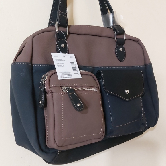 Soft Faux Leather Small Navy Blue Black Tan Colorblock Utility Handbag Purse - Picture 3 of 11